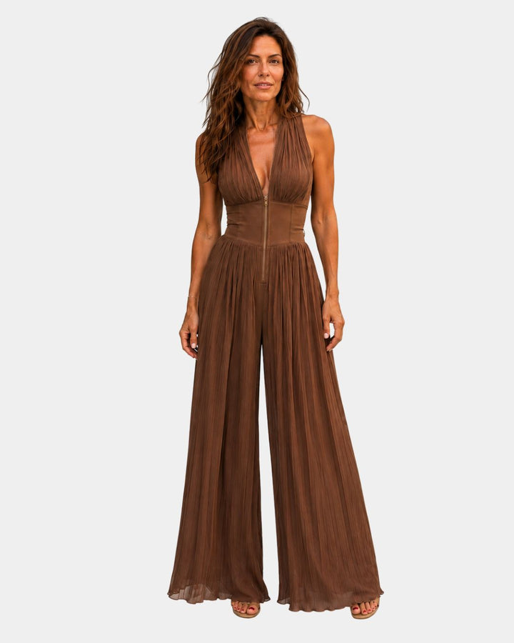Héluise | Pleated Chiffon Jumpsuit in Brown