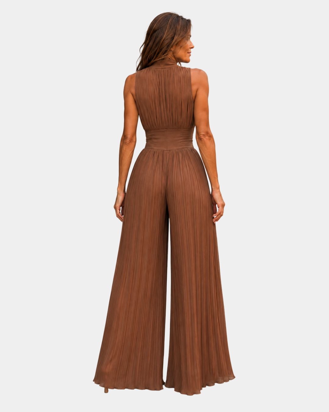 Héluise | Pleated Chiffon Jumpsuit in Brown