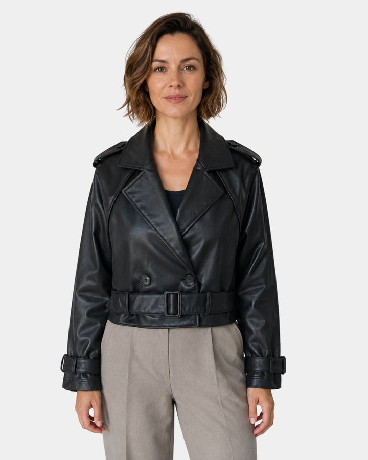 Aigline | Short Faux Leather Trench Coat
