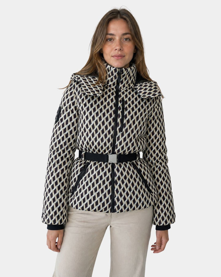 Élodiane | Beige Padded Jacket with Patterns and Belt
