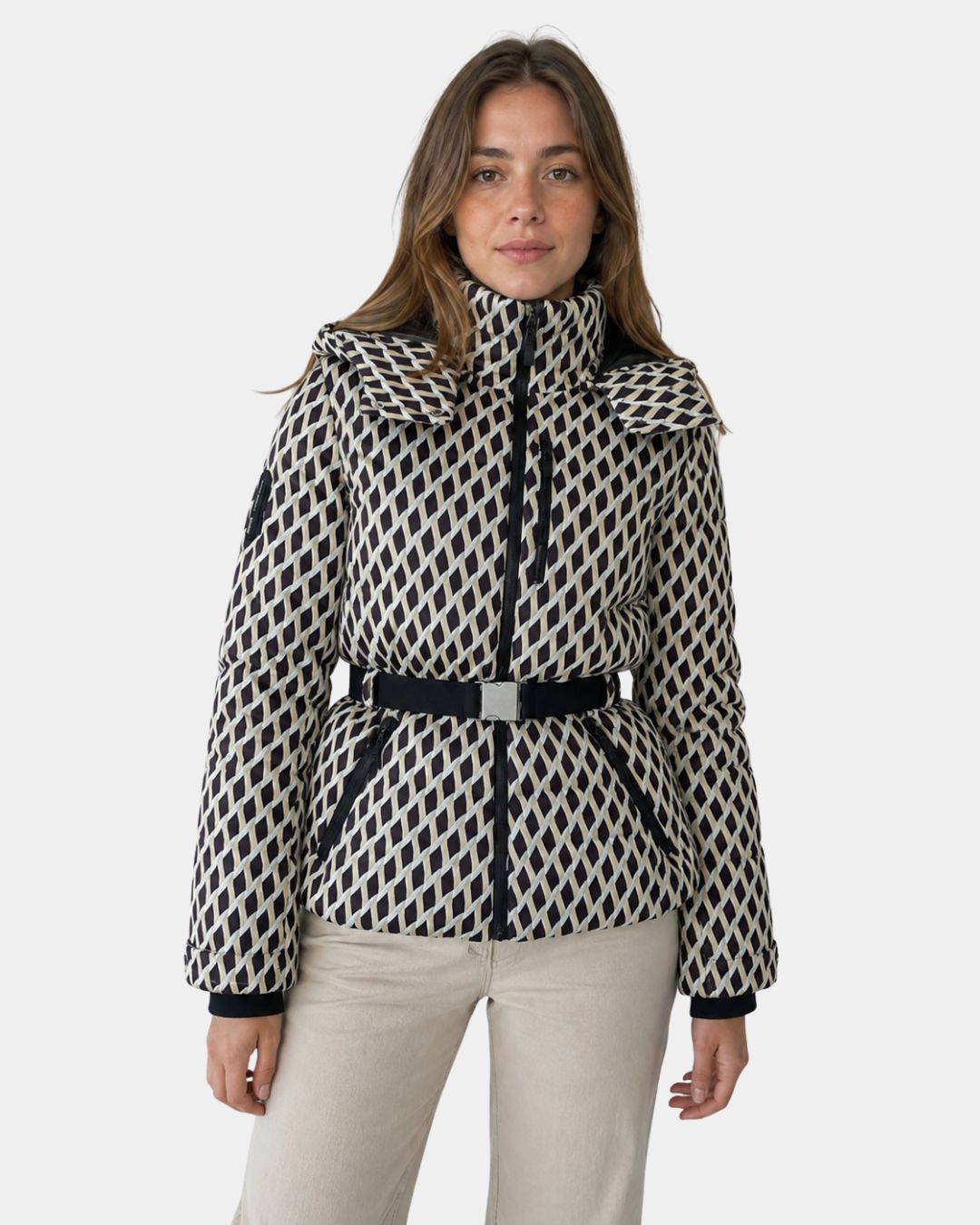 Élodiane | Beige Padded Jacket with Patterns and Belt