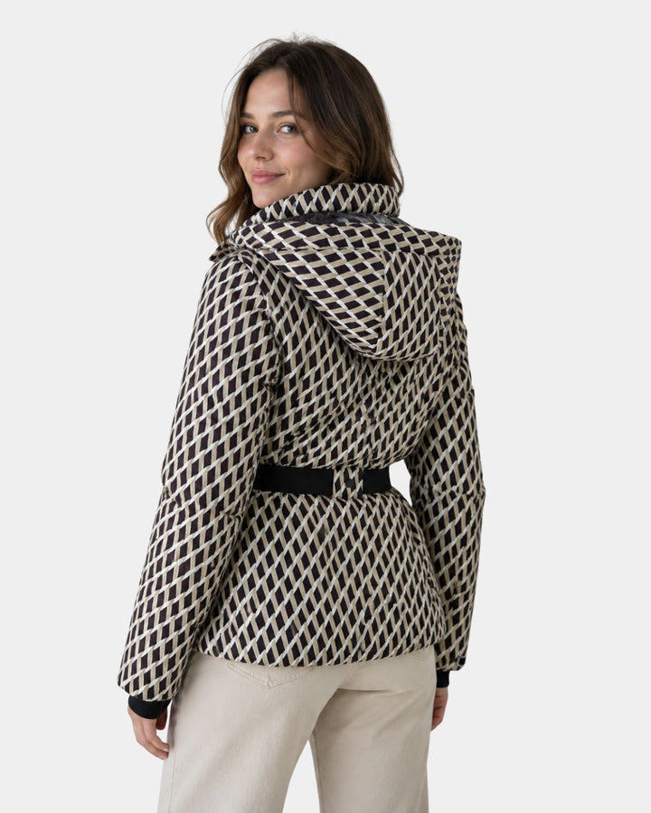 Élodiane | Beige Padded Jacket with Patterns and Belt
