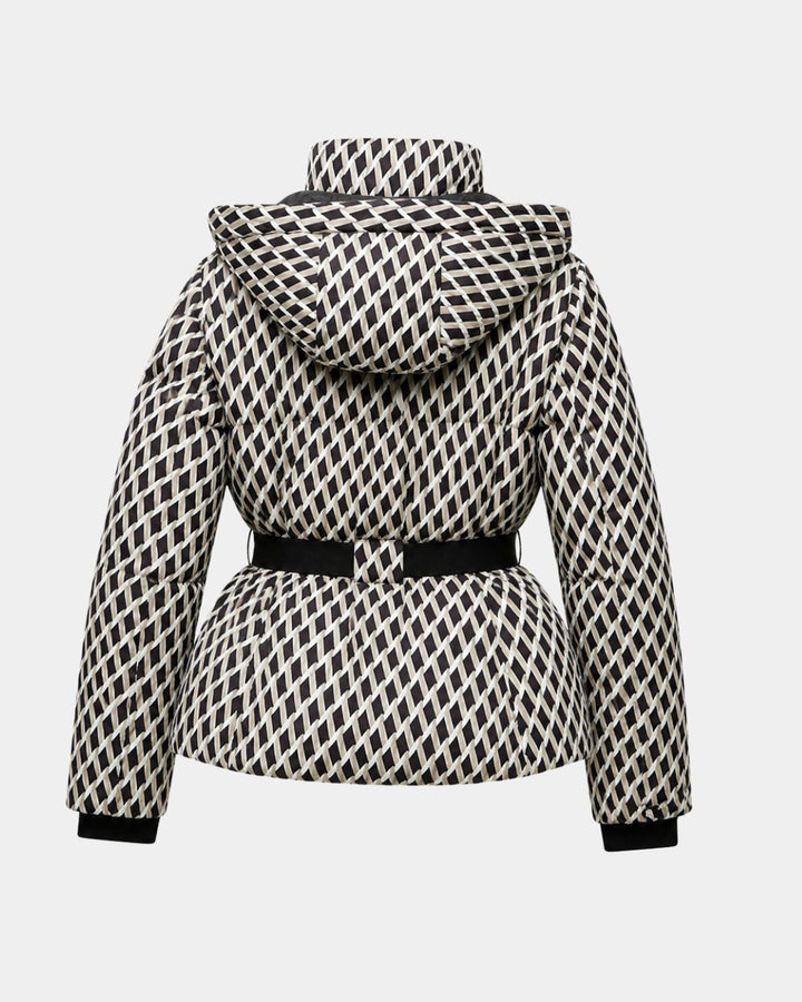 Élodiane | Beige Padded Jacket with Patterns and Belt