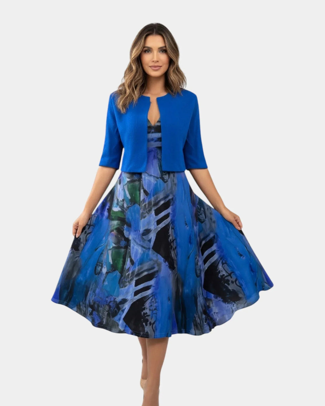 Stacy | Fluid Printed Midi Dress with Matching Bolero