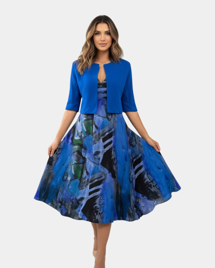Stacy | Fluid Printed Midi Dress with Matching Bolero