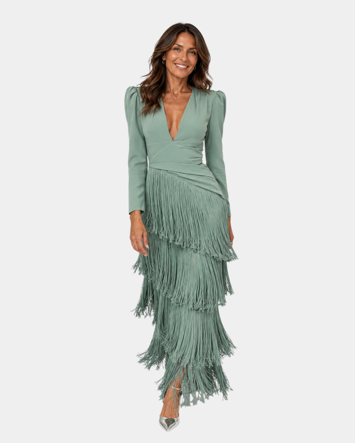 Eulalie | Elegant Midi Dress with Fringe Sleeves