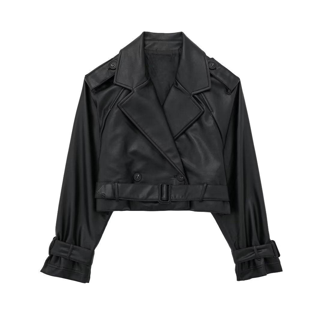Aigline | Short Faux Leather Trench Coat