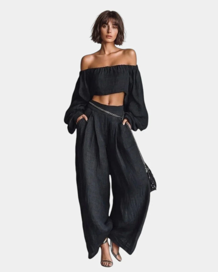 Cíntia | Off-Shoulder Ensemble with Wide Trousers