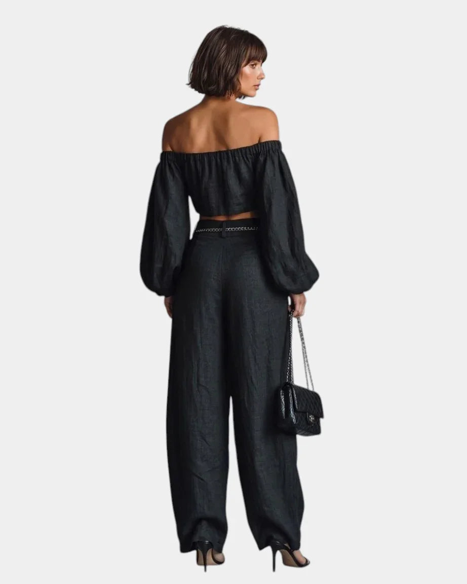 Cíntia | Off-Shoulder Ensemble with Wide Trousers