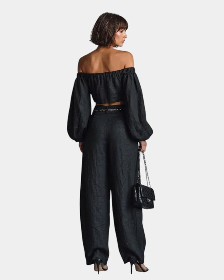 Cíntia | Off-Shoulder Ensemble with Wide Trousers