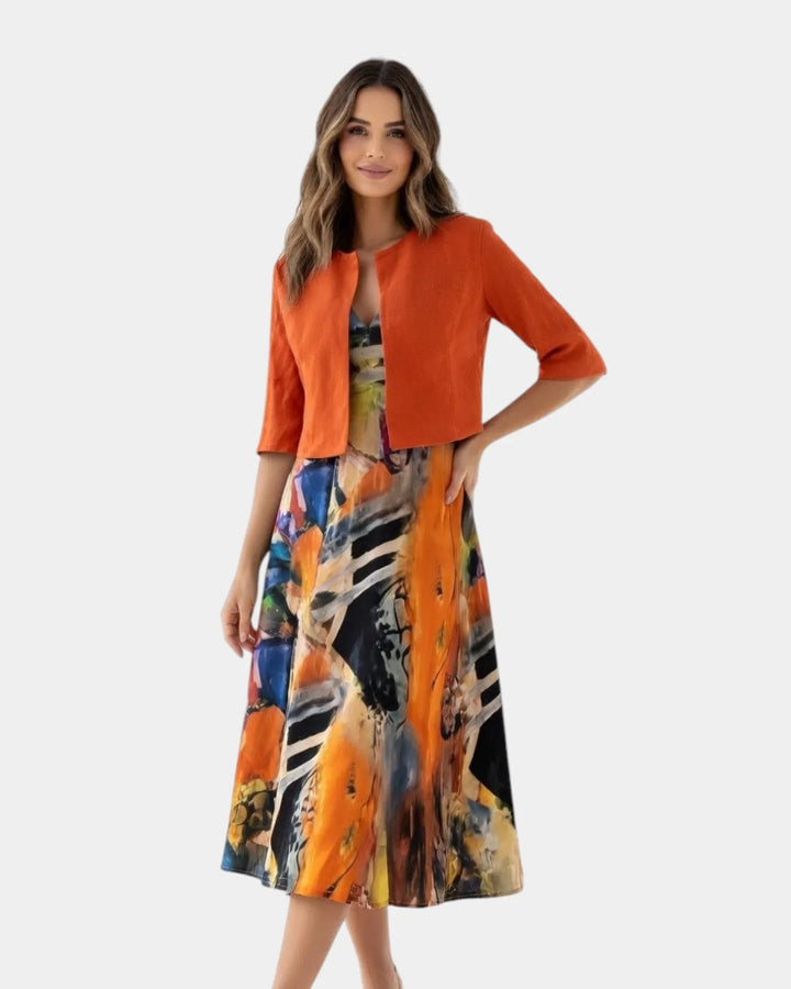 Stacy | Fluid Printed Midi Dress with Matching Bolero