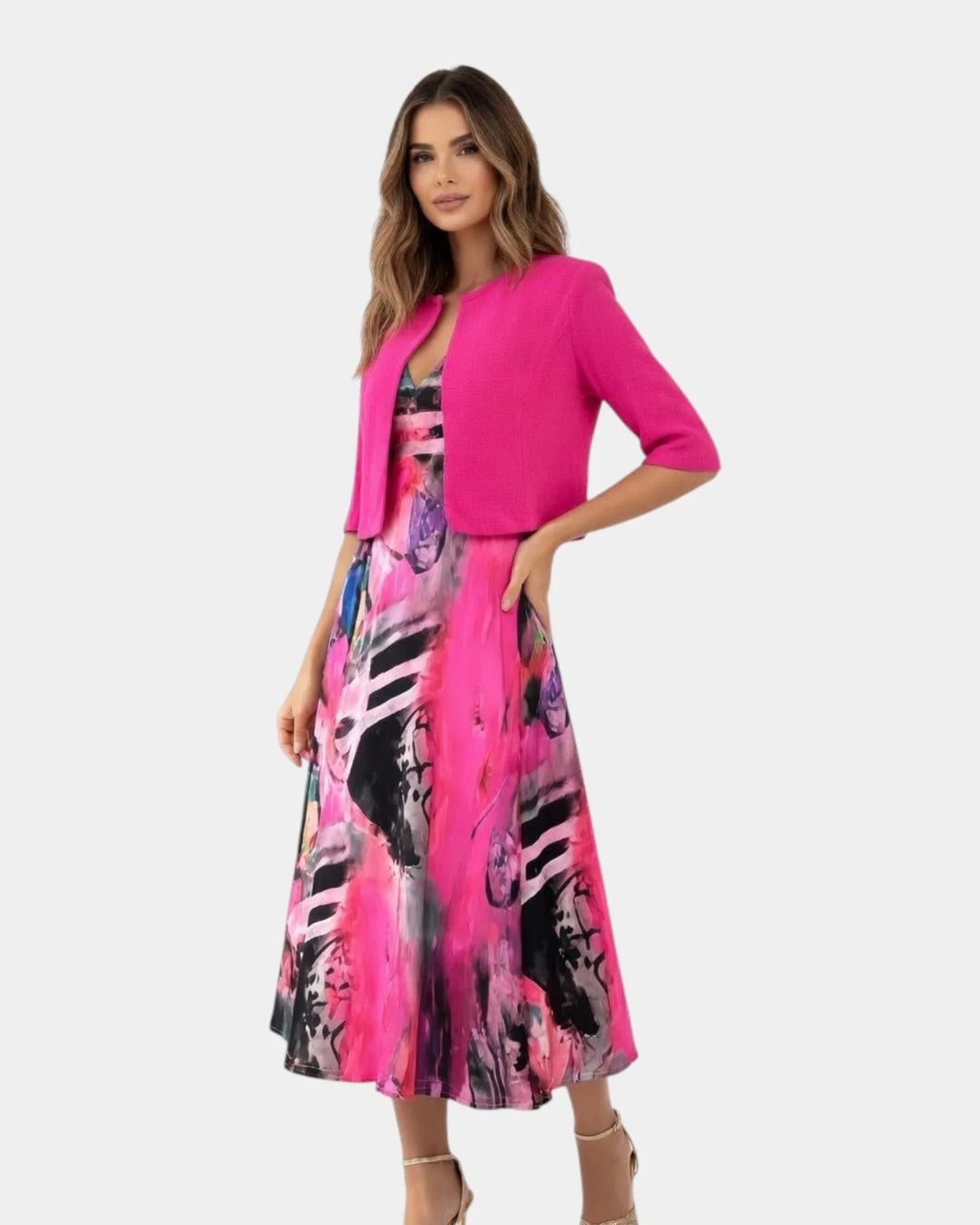Stacy | Fluid Printed Midi Dress with Matching Bolero