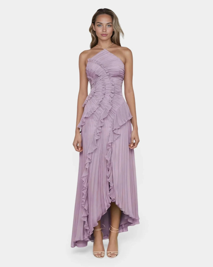Feodora I Asymmetrical Maxi Dress in Lavender with Ruffles
